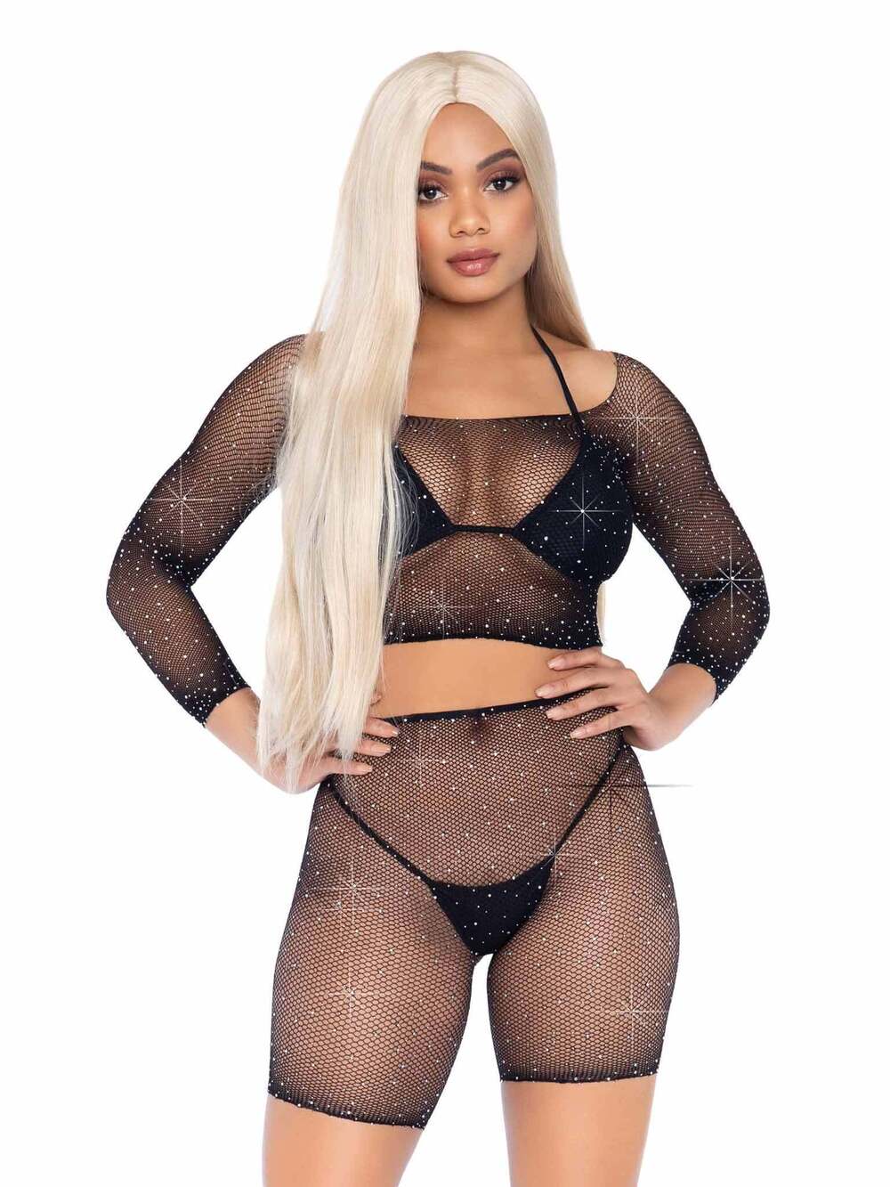 leg Avenue - Good Vibes Fishnet Crop Top & Bike Shorts - BLACK